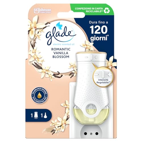 Glade Líquido eléctrico ambientador para ambientes, fragancia romántica vainilla blossom, hasta 120 días de perfume, 1 difusor y 1 recarga de 20 ml