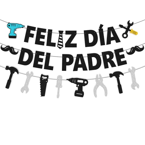 Feliz Dia Del Padre Banner Spanish Happy Fathers Day Party Decorations Best Dad Ever Spanish Family Fathers Day Household Tools Party Supplies (Black)
