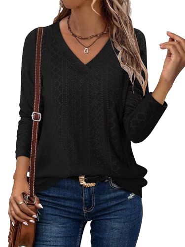 KISSMODA Long Sleeve Fall Shirts For Women V Neck Tunic Tops Embroidered Button Down Knitted Blouses 2025