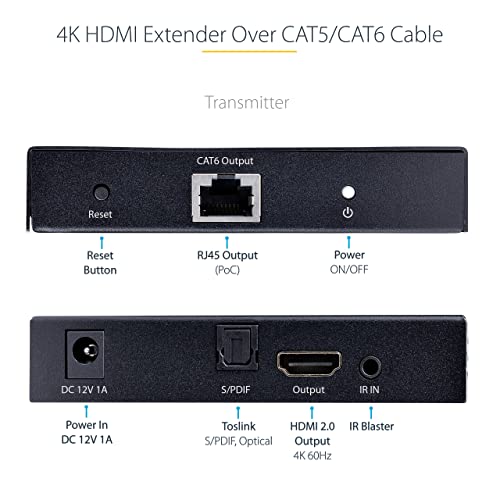 StarTech.com 4K HDMI Extender Over CAT5/CAT6 Cable, 4K 60Hz HDR Video Extender Up to 230ft (70m), HDMI Over Ethernet Cabling - Image 2