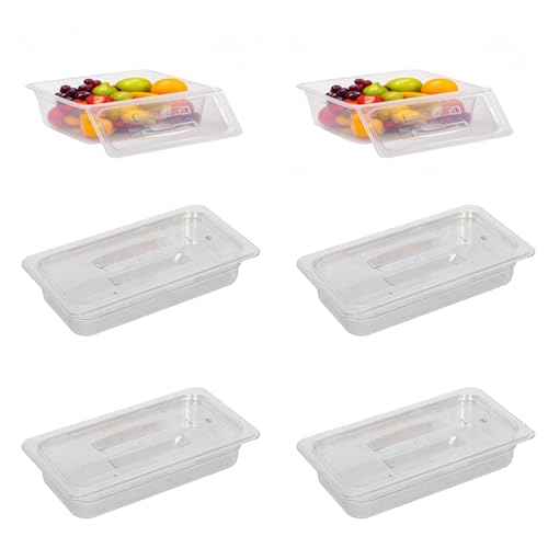 CTJ 6 Pack NSF Plastic Clear Food Pans with Lids 1/3 Size, 2.5'' Deep Commercial Food Storage Containers Polycarbonate Hotel Pans with Capacity Indicator for Fruits Vegetables Beans Corns