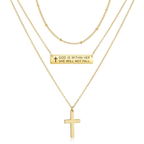 Layered Cross Bible Verse Necklaces,14K Gold Plated Christian Religious Confirmation Inspirational Jewelry Gifts