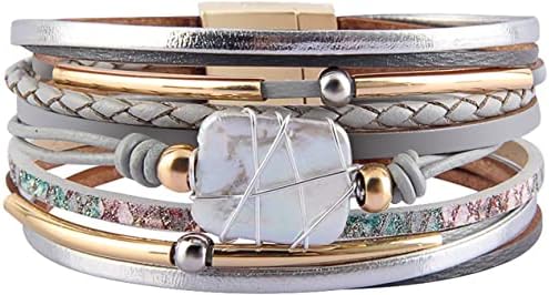Fesciory Leopard Bracelet for Women, Boho Leather Wrap Multi-Layer Pearl Crystal Bracelet Bangle Jewelry(Gray Leather(Pearl))