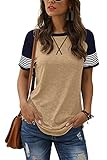 Adibosy Women Summer Casual Shirts: Short Sleeve Striped Tunic Tops - Womens Color Block Tee Tshirt Blouses Khaki XXL