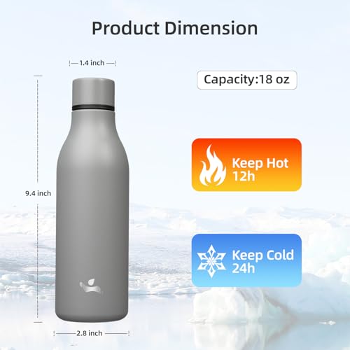 Image of Konokyo Insulated Water Bottle with Strap,18 oz Double Wall Stainless Steel Vacuum Bottles Metal Water Flask,Gray