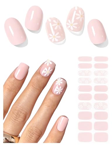 AutyaMee Semi Cured Gel Nail Strips (Cute Daisy), Pink Flower, 20 Pcs Gel Nail Wraps, Stickers, Salon Quality, Works with Any UV Lamps