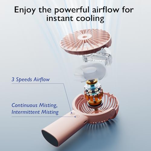 Image of HonHey Handheld Fan Misting Fan, 3 in 1 Hand Fan, Portable Mini Fan with Rechargeable Battery Operated and 3 Adjustable Speed[6-13-20 Working Hours], Foldable Personal Fan for Girls Women Travelling