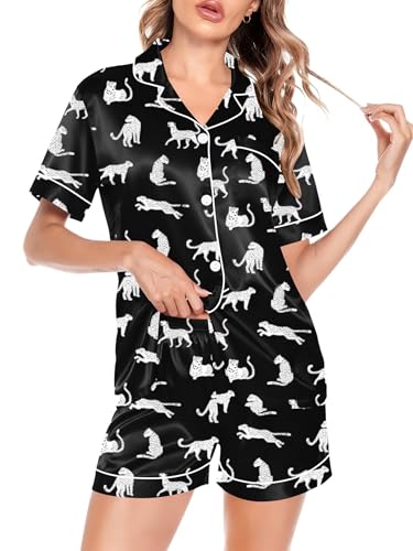 Image of SWOMOG Satin Matching Pajamas Sets Couple Silk Button Down Nightwear Women & Men Short Sleeve Sleepwear 2 Pieces Loungewear