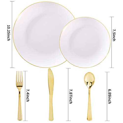 Nervure 125Pcs White And Gold Rim Plastic Plates - Disposable Gold Plastic Plates - 25 Guest Gold Rim Plastic Plates - 75Pcs Gold Plastic Silverware Ideal For Wedding & Parties #TOP1