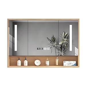 CARTMAミラーキャビネット 洗面化粧台 木製 照明付き 薬キャビネット 薄型 厚さ12cm 大容量ロッカー LEDライトとミラー付き 曇り止め 壁掛け鏡 扉付き タオル掛け付き 吊り戸棚 洗面所 壁面収納 多機能バスルーム 浴室収...