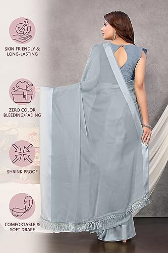 Image of MIRCHI FASHION Women's Stylish Satin Chiffon Solid Saree with Blouse Piece