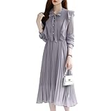 Collecala シャツワンピース 初秋長袖シフォンプリーツonepiece リボンつきシャツ OLワンピース セレモニーワンピース きれいめひざ下ロングドレス