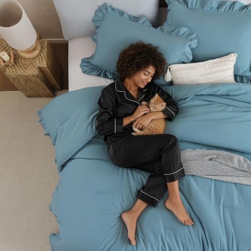 Image of JANZAA Mineral Blue Comforter Set Twin - Soft Microfiber, Lightweight All Season Bedding, Ruffle Shabby Chic Aesthetic, Breathable Cozy Bed Set with 1 Pillow Shams, Machine Washable