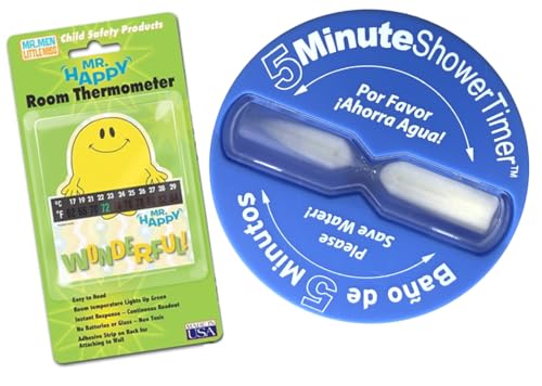 Mr. Men Card & 5 Minute Shower Sand Clock Timer & Happy Room Child Wall Thermometer - Hot Water Saver Five Shorter Timer