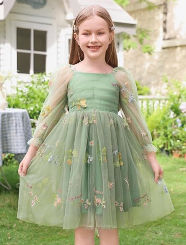 AWIBMK Kids Baby Girls Mesh Long Sleeve Birthday Princess Tulle Tutu Dress Square Neck Smocked Back Wedding Party Dress Green Embroidery Flower 5-6 Years3