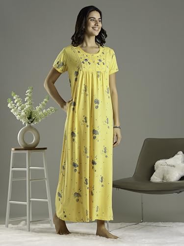 Image of 9shines Label Stylish Cotton Blend Embroidered Maxi Nightdress for Women with Pocket| Full Length Nightwear| Premium Nightdress| Comfortable Nightwear(5256)