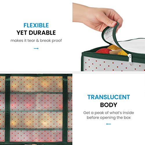 Zober Plastic Christmas Ornament Storage Box Large With 2-Sided Dual-Zipper Closure - Keeps 128 Holiday Ornaments, Xmas Decorations Accessories, 3" Compartments - Sturdy Flexible Plastic #TOP4