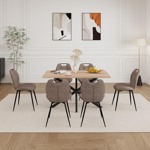 DEYARNA HOME Essgruppe Set Tisch und Stühle, Rechteckiger Esstisch (140 cm) mit 6 Esszimmerstühlen aus Leinenstoff und Griff für Küche, Esszimmer (Helles Holzdekor+6*stühle (Braun))