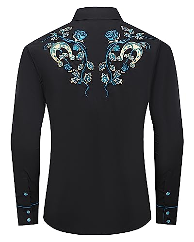 EL PIONERO Men's Floral and Horseshoe Embroidered Long Sleeve Retro Western Cowboy Shirt2