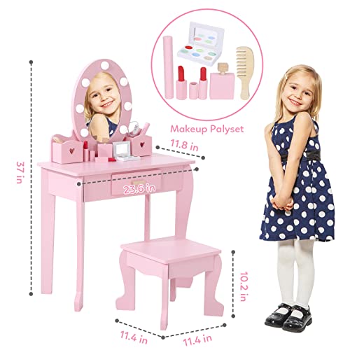 Bophy Girls' Vanity Table And Chair Set, Kids Makeup Dressing Table With Lights & Wood Makeup Playset, Kids Vanity Set With Mirror & Drawer For Age 4-9, Pink (Stm-101Pa) #TOP2