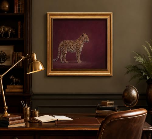 Image of Gold Framed 3D Textured Wall Art, Vintage Burgundy Cheetah Canvas Prints, Minimalist Maroon Wildlife Pictures Decor, Luxury Animal Gallery Artwork for Living Room Bedroom Entryway 16x12inch