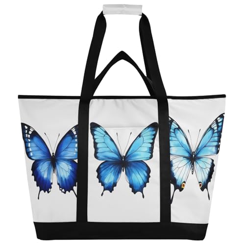 Large Insulated Tote Bag Three Blue Butterflies for Grocery Shopping Reusable Tote Bags for Women Men, Cooler Bag with Zippered Top & Handles for Beach Picnic Travel