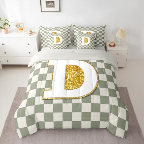 Image of Erosebridal Sage Green Checkered Queen Comforter Set with Sheets 7 Piece Plaid Initial D Bed in A Bag Personalized Monogram Bedding Sets for Kids Adults,Fashion Grids Gingham Bed Set