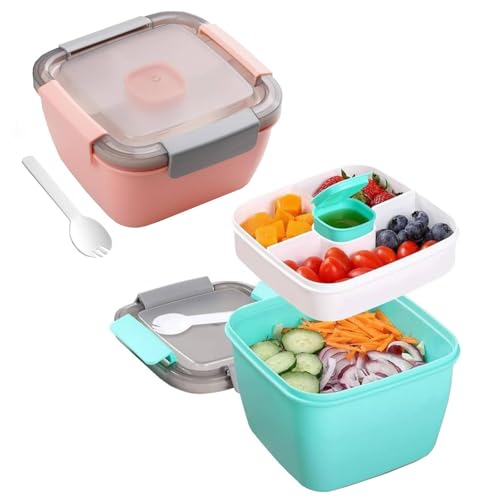 Gttyowyin - Gttyowyin Lot de 2 boîtes à déjeuner pour salade avec compartiments, couvercle, plateau, récipient à vinaigrette pour salade, garnitures, sauces, fruits et collations, à emporter, rose et vert