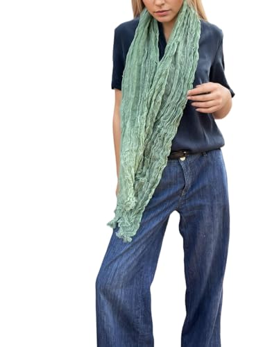 Prettystern Crinkle Leinen unisex Schal mit Struktur lässiger Kreppschal Knitteroptik Leinenschal für Damen Herren T127 Grün