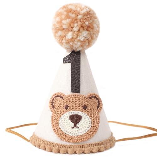 VAVAYAO Bear 1st Birthday Party Decorations - Teddy Bear Crown Outfit, Woodland Camping Theme, Cone Hat
