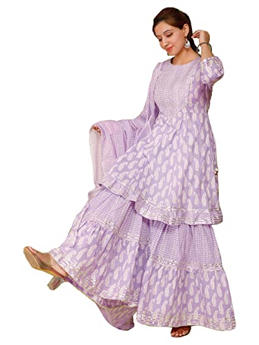 Sharara Kurti lavande en coton ensemble traditionnel indien pour femme taille S