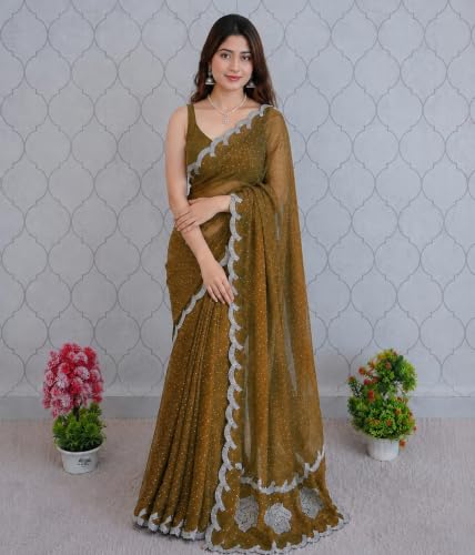 Image of Chiffon Satin Saree for Women with C Pallu PP Siroski Diamond Work, Cutwork Border & Matching Blouse Saree for Wedding, Festive and Traditional Occasions