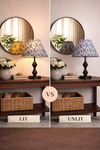Image of tu casa Modern Table Lamp with Crimson Floral Satin Shade | Metal Iron Base Decorative lamp for Living Room| Designer Table Lamp for Gifting (Indigo ikkat Glow)