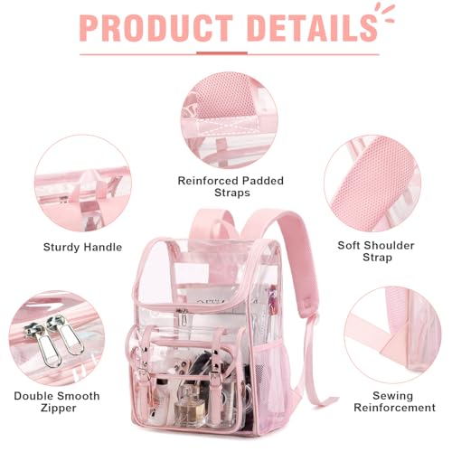 Image of DIGOBAY Clear Backpack with Lunch Bag Set, Leather Clear Backpack Heavy Duty Thick PVC Bookbag See Through Transparent Backpacks with Support Pad for Women Girls College Travel Work Pink | Thick PVC See Through Transparent Backpack for Girls Women for Stadium Events College Travel Work, Pink