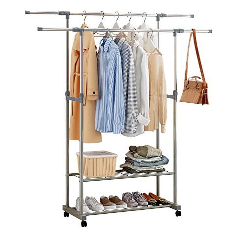 HOME BI Adjustable Heavy Duty Clothes Rail, Clothes Stand Rack with 2 Tier Metal Shelf, Garment Rack Rolling Clothes Organizer, Metal Storage Hanging Rack, Clothes Rails for Bedroom, Entryway, Grey Cover