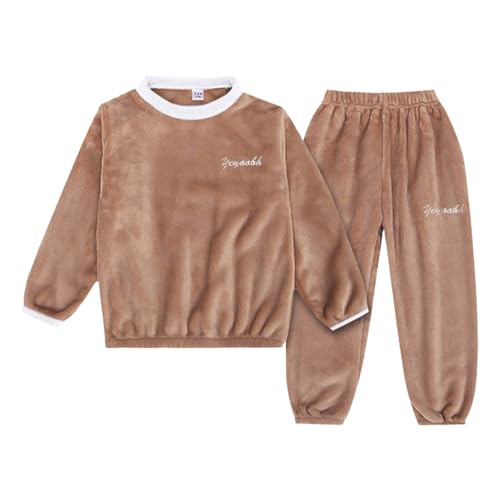 Nicki Nicki Pijama de franela para niños y niñas, manga larga y pantalones para invierno, cálido, suave y esponjoso, con pantalones de chándal, albornoz infantil 128, caqui, 13-14 años