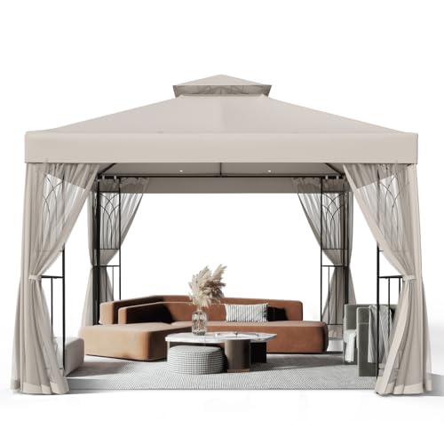 INTER HUT 10x10 Outdoor Gazebo Tent with Netting and Corner Shelves, Double Roof Patio Gazebo with Soft Fabric Top, Outdoor Pavilion for Backyard Patio Garden Lawn, Beige