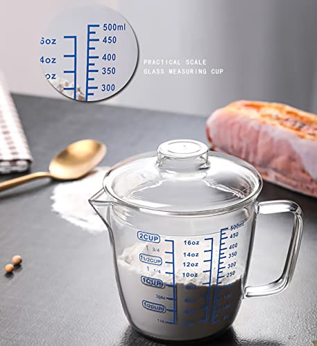 Goeielewe Glass Measuring Cup with Lid, Graduated Beaker Mug with Handle, Light-weight Borosilicate Glass V-Shaped Spout Microwave Safe Scales Cup for Cooking Baking (2cup/16oz/500ml) by Goeielewe - Image 7