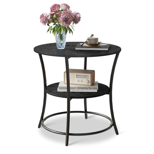 WLIVE Side Table, Round End Table with 2 Storage Shelves for Living Room, Bedroom, Nightstand with Steel Frame for Small Spaces, Accent Coffee Table, Black