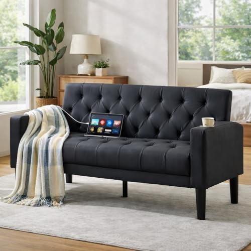 ROCSUMOO Sofa 2 Seater 157cm Comfy Loveseat with 2 USB Ports 2 Cup Holders Upholstered Leather Small Sofa for Living Room & Office, Black