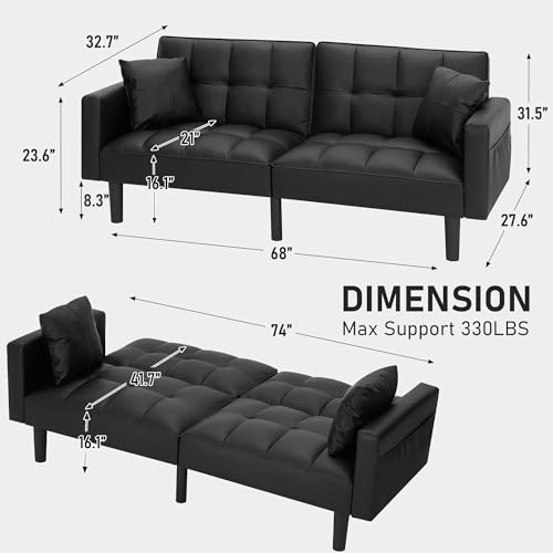 AVAWING Futon Sofa Bed, Modern Leather Convertible Upholstered Sleeper Couch with Adjustable Back, Arms and High Strength Nylon Legs for Living Room, Apartment, Office (Black)
