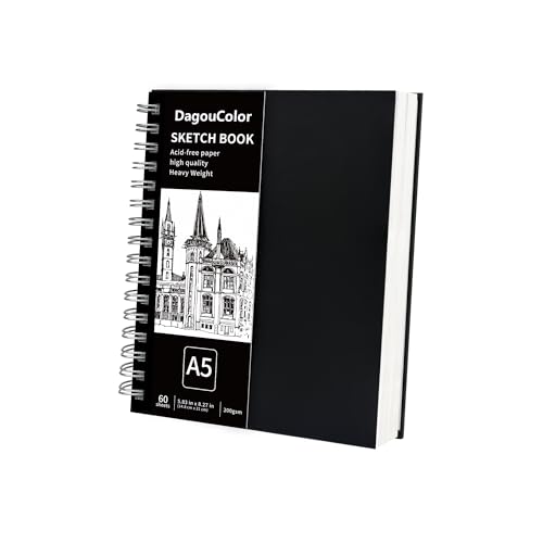 DagouColor Espiral Libro de Bocetos, 60 Hojas(120 Páginas), A5 Papel Dibujo de Arte Libre ácido, 200GSM Almohadilla Bocetos Premium Para Artistas Principiantes Adultos Niños, Pintura, Medios Mixtos