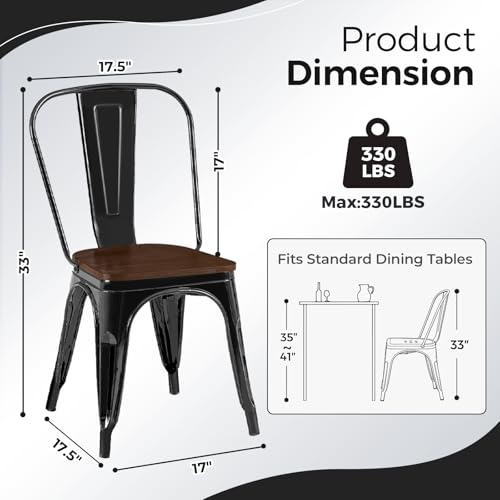 Image of Metal Dining Chairs with Backrest, Wood Seat, Black, 4 Pack | Easy Assembly, Non-Slip Feet, 330 lb Capacity, Kitchen, Restaurant, Cafe, Pub, Covered Patio