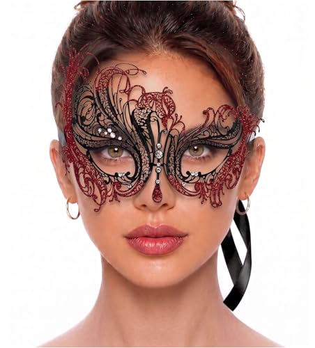 Image of Metal Filigree Masquerade Mask for Women - Swan Style Mask with Rhinestones for Mardi Gras, Prom, Halloween & Venetian Party