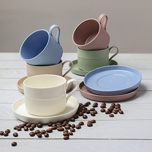 Sheskind 8.5 Oz Ceramic Coffee Cup With Saucer, Solid Color Tea Cup And Saucer Set, Beautiful And Practical, Light And Handy (Blue) #TOP4