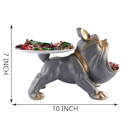 Image of Cool Bulldog Key Bowl & Accessory Tray - Matte Black & Gold Resin Dog Sculpture Multifunctional Organizer Showpiece for Keys Watches & Candy (Grey with Sprinkles, Dog with Tail Plate)