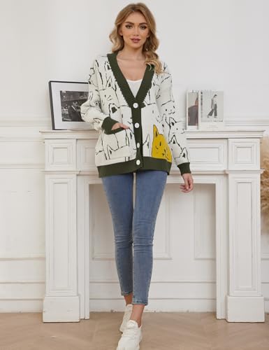 Wyeysyt Cat Sweater for Women Casual Button Down V Neck Cable Knit Cardigan Cute Kawaii Cartoon Cardigan Coat4