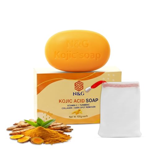 N&G Kojic Acid Soap with Turmeric Vitamin C & Collagen Natural Dark Spot Remover for Face & Body Deep Cleansing & Moisturising Soap Bar with Foaming Net 100g (Pack of 1)