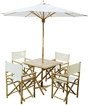 Statra SET-020-00.03 Outdoor Table and Chairs Set with Umbrella Dining Patio Bistro Pub Bar Garden Bamboo 6-Piece, White
