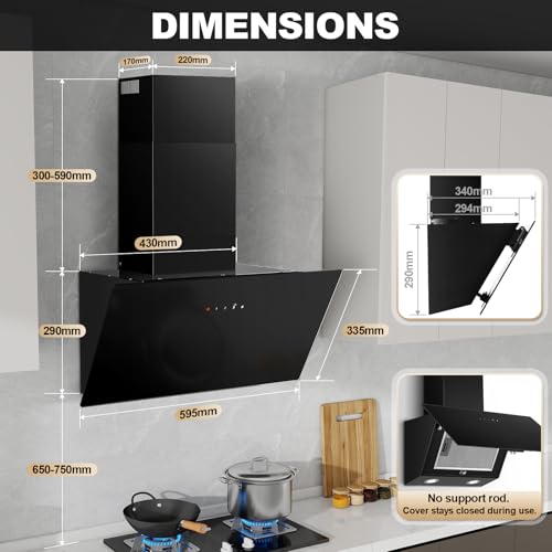 Cooker Hood 60cm, TopStrong Extractor Fan Kitchen, Wall-Mounted Extractor Hood, A+++ Kitchen Hood, 400 m³/h, Touch Control, 3 Speed + Booster, Recirculating & Ducting System, Black - Image 7